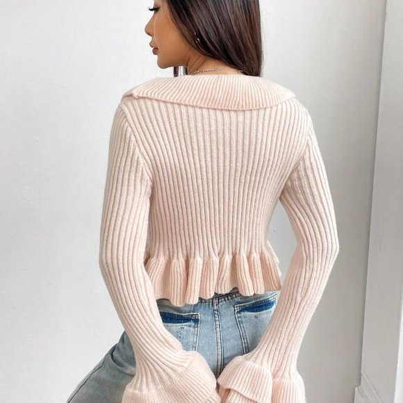 Apricot Casual Womens Ruffle Trim Knot Front Flare Sleeve Crop Cardigan - Picture 2 of 5